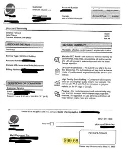 a scam SEO bill, with certain elements redacted