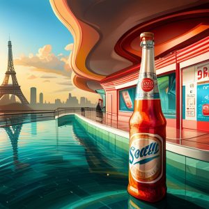 stylized A.I. art of a bottle of soda pop sits beside a diner's pool overlooking the Paris skyline with the Eiffel Tower in the background