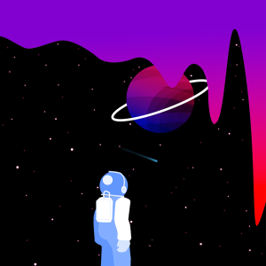 highly stylized art of an astronaut starring up a ringed planet