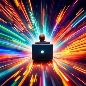 A user rides their computer into the bright colorful world of UX