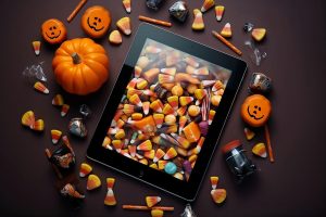 a tablet with Halloween candy on the screen, and the tablet is also surrounded by Halloween candy
