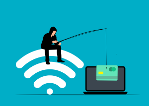 Artwork of scammer sitting on wi-fi signal and fishing a credit card out of a laptop