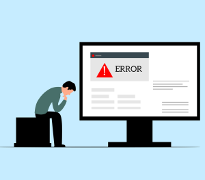graphic of a business owner looking sad because website is replaced with error message