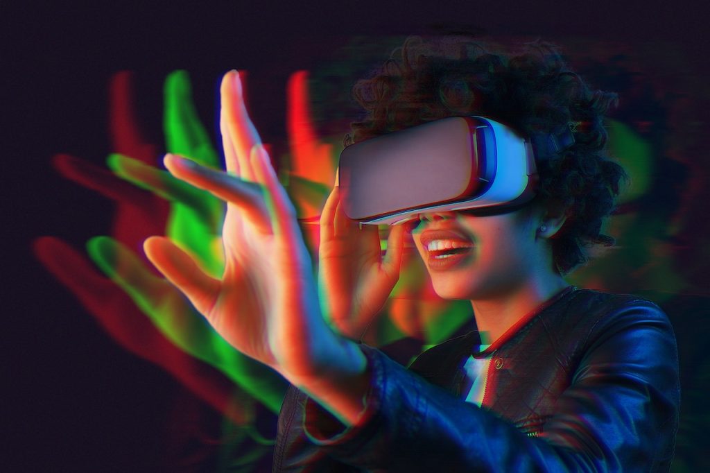 a woman wearing VR goggles
