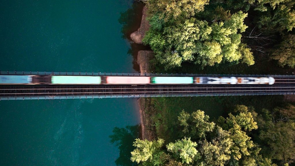 a train blurs by
